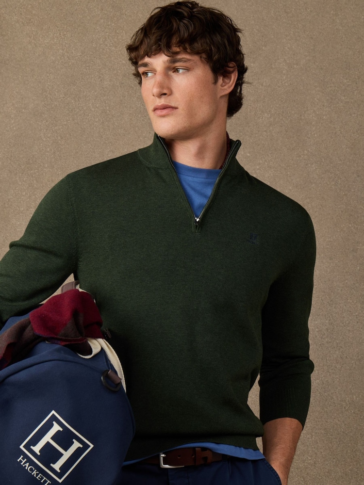 Hackett Green Cotton Branded Quarter Zip Jumper - Image 1 of 5 Hackett Green Cotton Branded Quarter Zip Jumper - Image 1 of 5