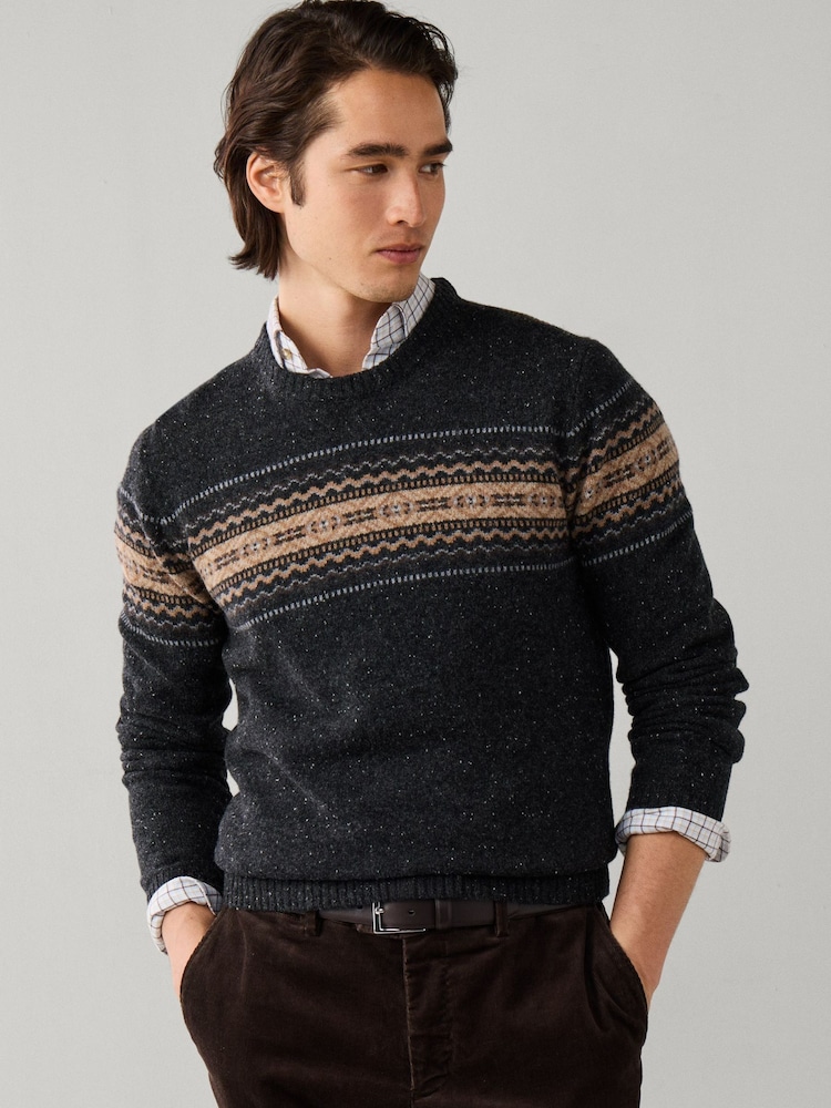 Hackett Grey Merino Wool Fairisle Crew Neck Jumper - Image 1 of 6 Hackett Grey Merino Wool Fairisle Crew Neck Jumper - Image 1 of 6