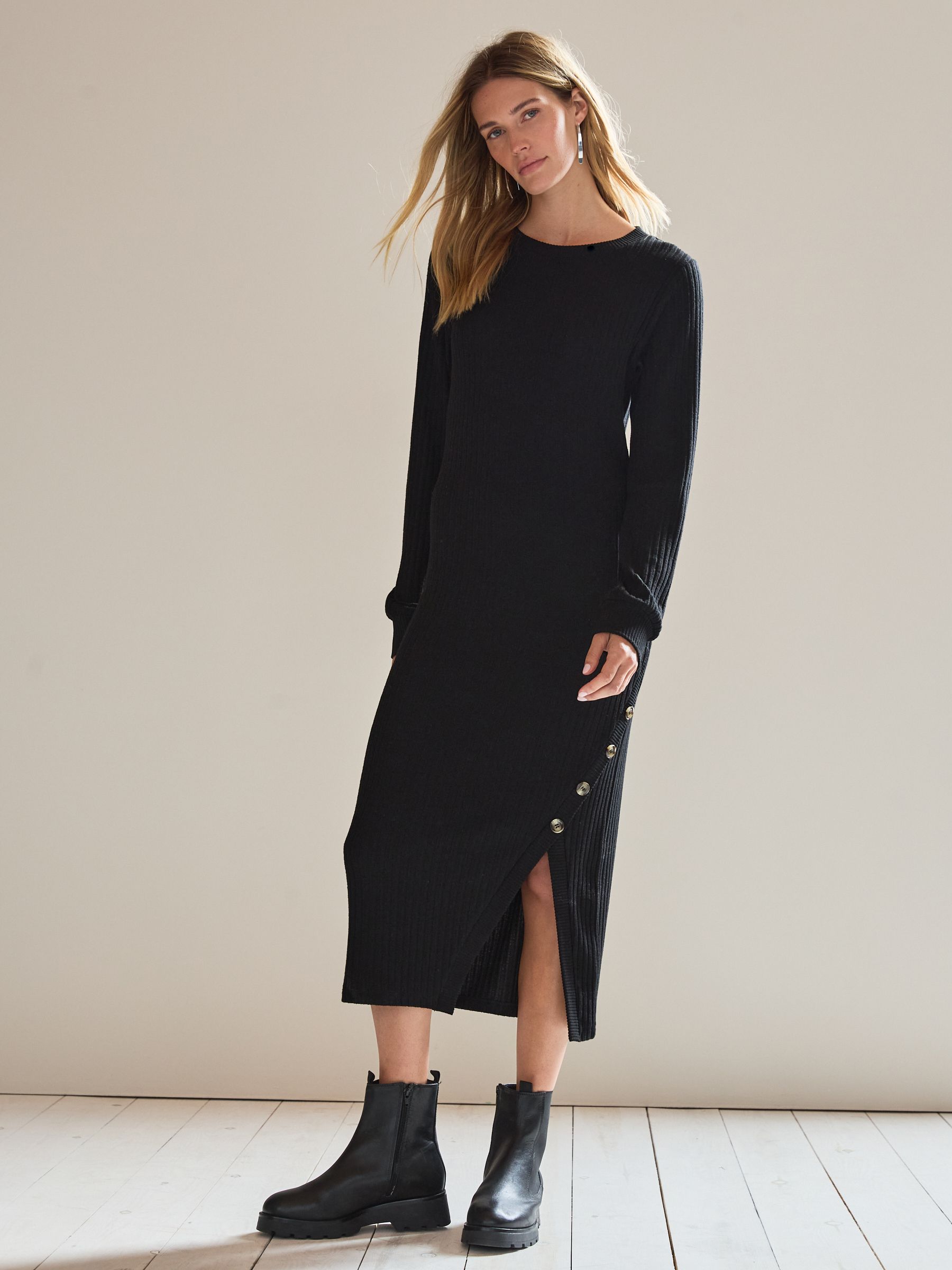 Buy Black Cosy Ribbed Button Detail Midi Dress from Next Luxembourg
