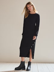 Black Cosy Ribbed Button Detail Midi Dress - Image 1 of 7