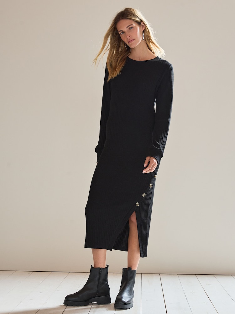 Black Cosy Ribbed Button Detail Midi Dress - Image 1 of 7