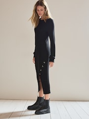 Black Cosy Ribbed Button Detail Midi Dress - Image 2 of 7