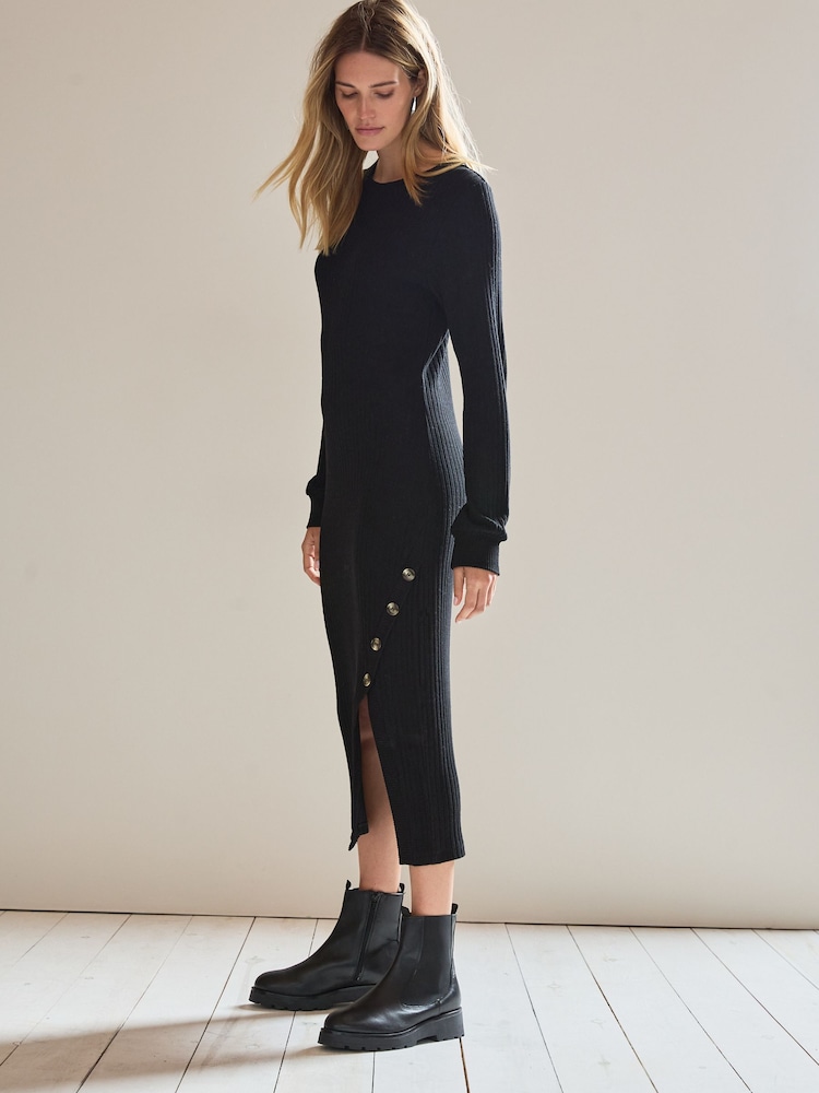 Black Cosy Ribbed Button Detail Midi Dress - Image 2 of 7