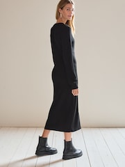 Black Cosy Ribbed Button Detail Midi Dress - Image 3 of 7