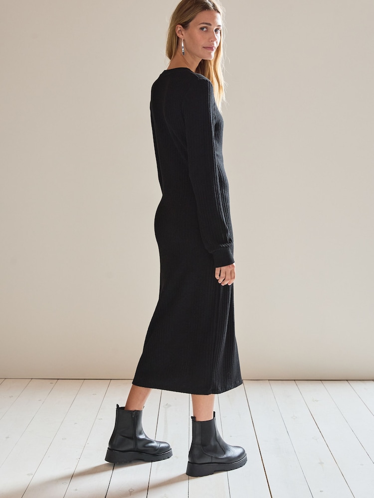 Black Cosy Ribbed Button Detail Midi Dress - Image 3 of 7