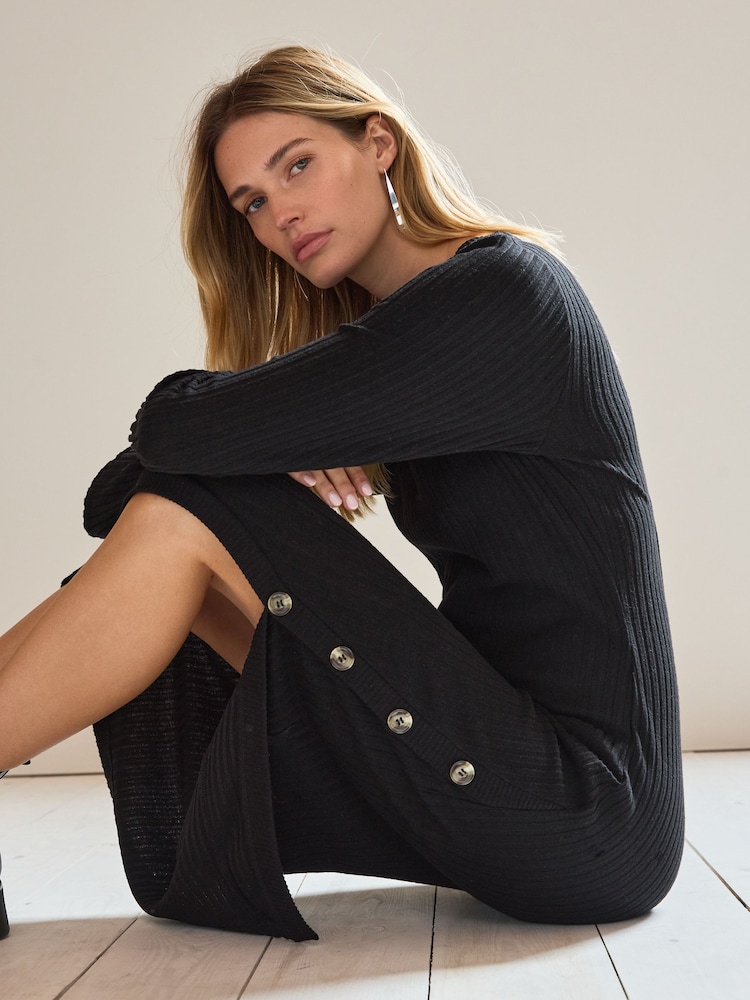 Black Cosy Ribbed Button Detail Midi Dress - Image 4 of 7