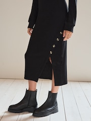 Black Cosy Ribbed Button Detail Midi Dress - Image 5 of 7