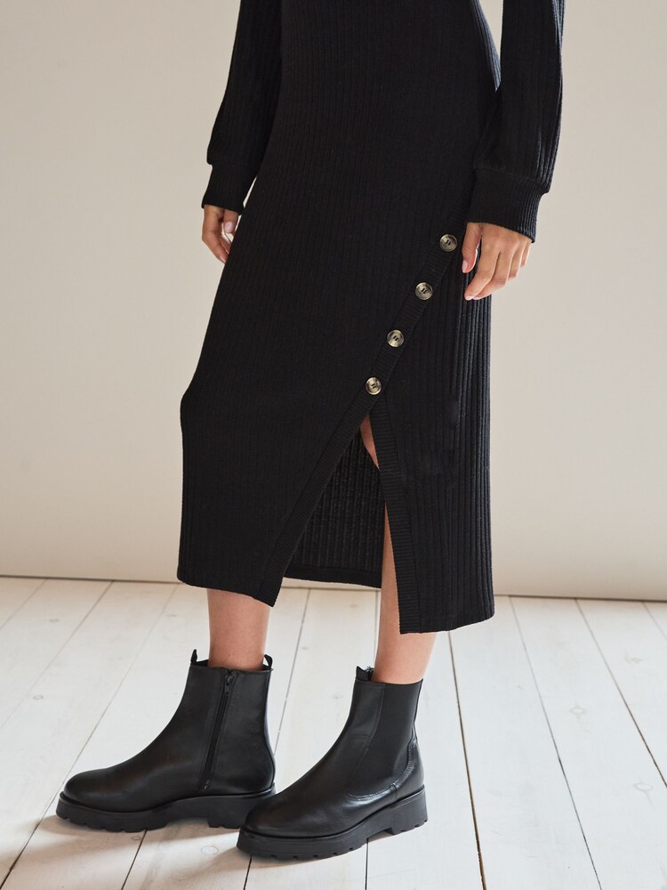 Black Cosy Ribbed Button Detail Midi Dress - Image 5 of 7