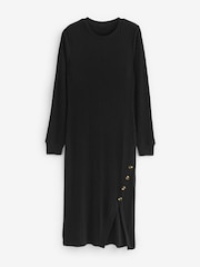 Black Cosy Ribbed Button Detail Midi Dress - Image 6 of 7