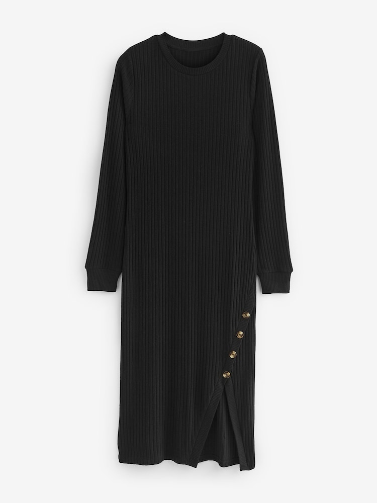 Black Cosy Ribbed Button Detail Midi Dress - Image 6 of 7