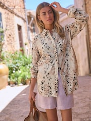 Ecru Cream/Brown Animal Print Long Sleeve Collared Summer Shirt - Image 3 of 7