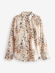 Ecru Cream/Brown Animal Print Long Sleeve Collared Summer Shirt - Image 6 of 7