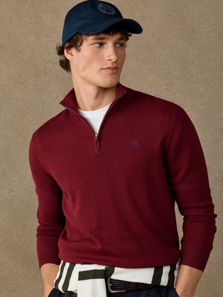 Hackett Red Cotton Branded Quarter Zip Jumper - Image 1 of 5 Hackett Red Cotton Branded Quarter Zip Jumper - Image 1 of 5