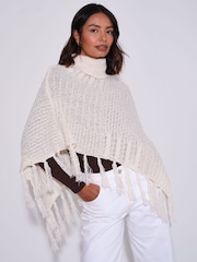 South Beach Cream Funnel Neck Knitted Fringe Poncho - Image 1 of 4