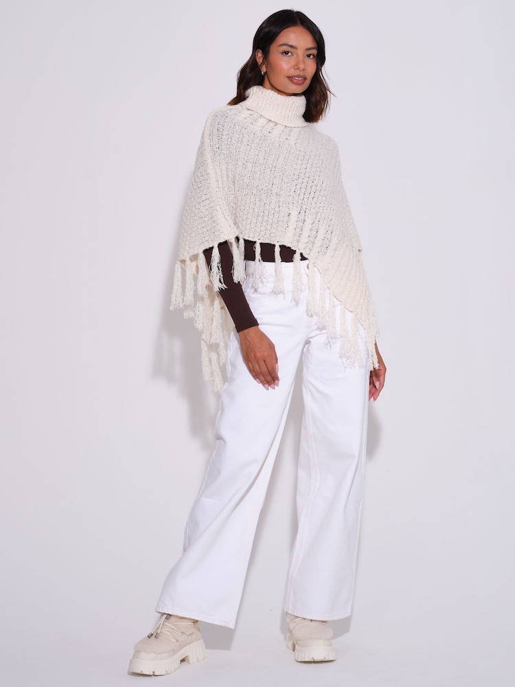 South Beach Cream Funnel Neck Knitted Fringe Poncho - Image 1 of 4 South Beach Cream Funnel Neck Knitted Fringe Poncho - Image 1 of 4