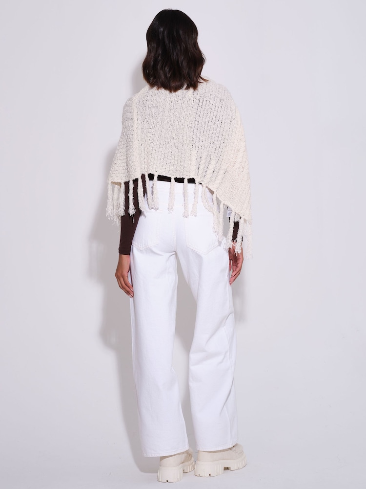 South Beach Cream Funnel Neck Knitted Fringe Poncho - Image 2 of 4 South Beach Cream Funnel Neck Knitted Fringe Poncho - Image 2 of 4