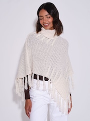 South Beach Cream Funnel Neck Knitted Fringe Poncho - Image 3 of 4