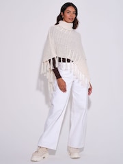 South Beach Cream Funnel Neck Knitted Fringe Poncho - Image 4 of 4