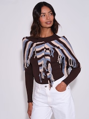 South Beach Brown Knitted Fringe Triangle Scarf Shawl - Image 4 of 4