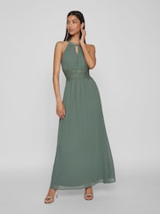 VILA Green Halter Neck Tulle Maxi Dress - Image 1 of 7