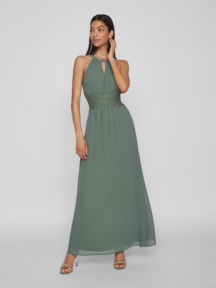 VILA Green Halter Neck Tulle Maxi Dress - Image 1 of 7