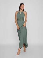VILA Green Halter Neck Tulle Maxi Dress - Image 3 of 7