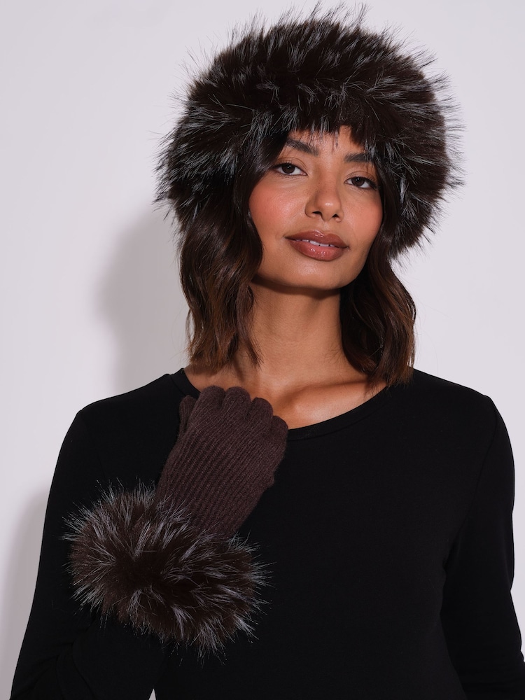 South Beach Brown Faux Fur Hat And Gloves Set - Image 2 of 4