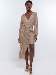 River Island Gold Sequin Kimono wrap Midi Dress - Image 1 of 5