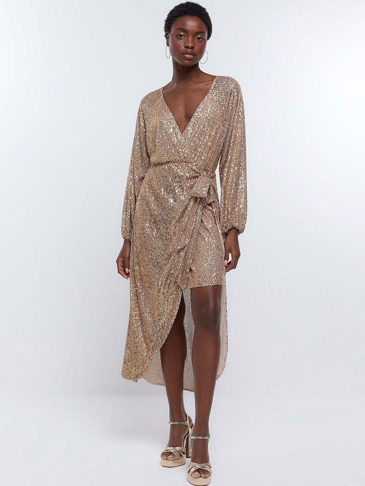River Island Gold Sequin Kimono wrap Midi Dress - Image 1 of 5