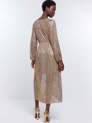 River Island Gold Sequin Kimono wrap Midi Dress - Image 2 of 5