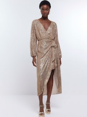 River Island Gold Sequin Kimono wrap Midi Dress - Image 3 of 5