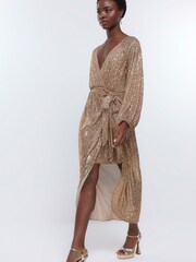 River Island Gold Sequin Kimono wrap Midi Dress - Image 4 of 5