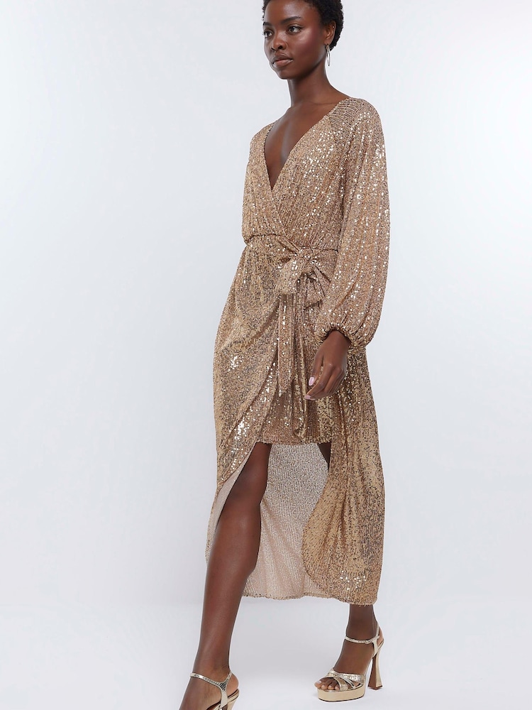 River Island Gold Sequin Kimono wrap Midi Dress - Image 4 of 5