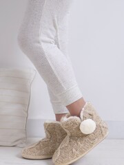 Totes Natural Cable Ladies Boots Slippers With Pom Pom & Faux Fur Lining - Image 1 of 5