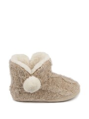 Totes Natural Cable Ladies Boots Slippers With Pom Pom & Faux Fur Lining - Image 2 of 5