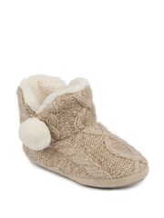 Totes Natural Cable Ladies Boots Slippers With Pom Pom & Faux Fur Lining - Image 3 of 5