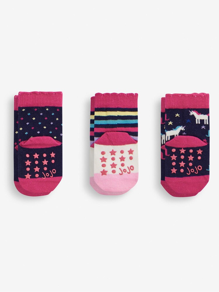 JoJo Maman Bébé Navy Girls' 3-Pack Navy Unicorn Socks - Image 1 of 2