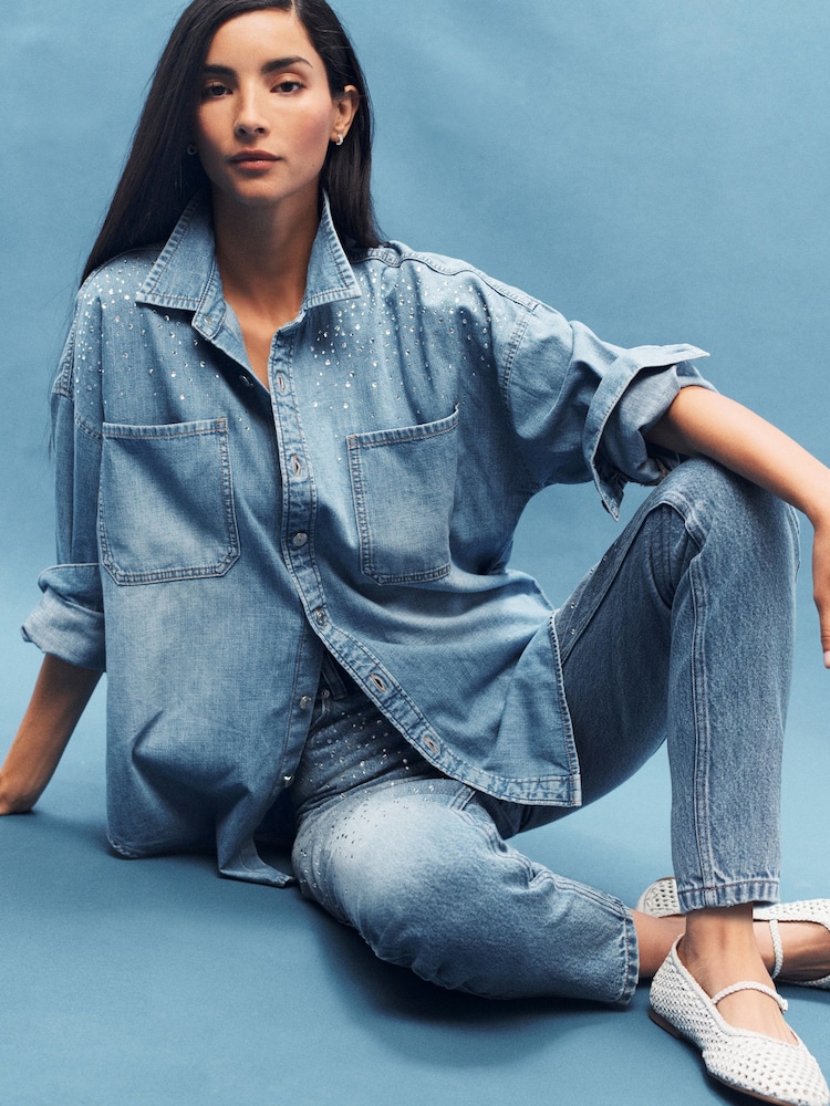 Mid Blue Embellished Oversized Denim 100% Cotton Shirt - Image 1 of 7