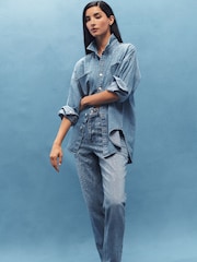 Mid Blue Embellished Oversized Denim 100% Cotton Shirt - Image 2 of 7