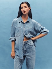 Mid Blue Embellished Oversized Denim 100% Cotton Shirt - Image 4 of 7