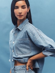 Mid Blue Embellished Oversized Denim 100% Cotton Shirt - Image 5 of 7