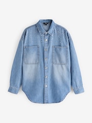 Mid Blue Embellished Oversized Denim 100% Cotton Shirt - Image 6 of 7