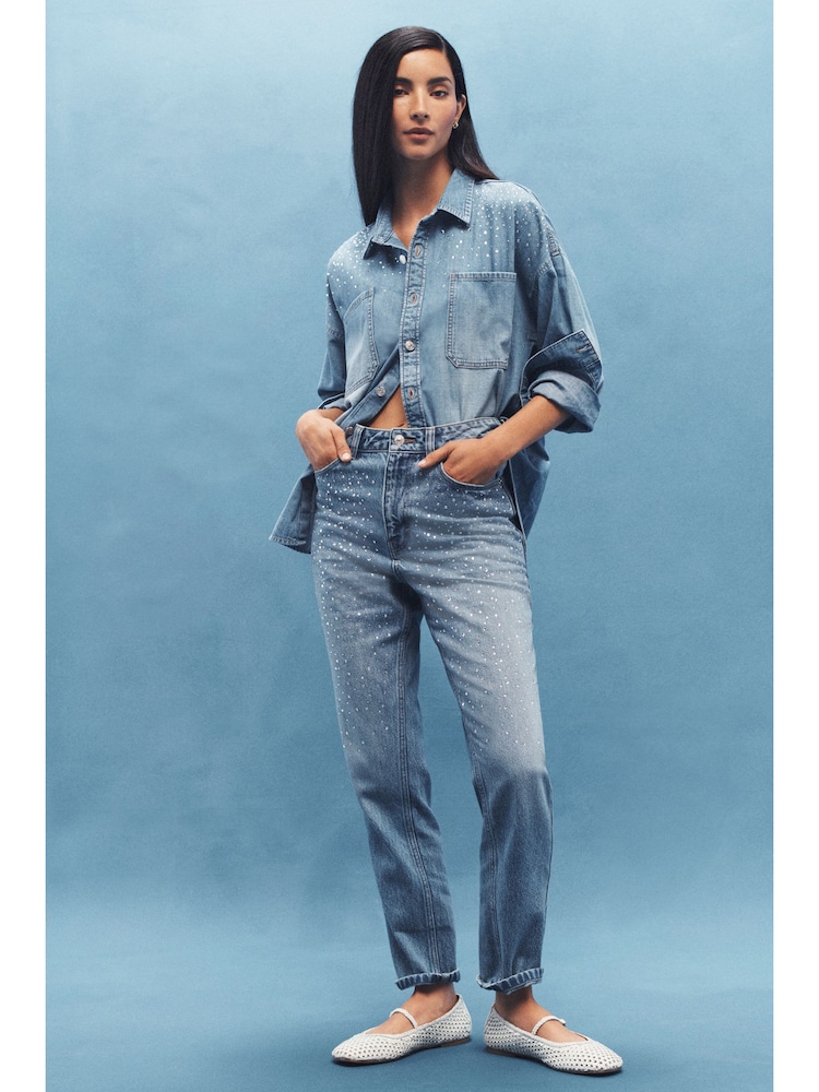 Mid Blue Mom Embellished 100% Cotton Jeans - Image 1 of 6