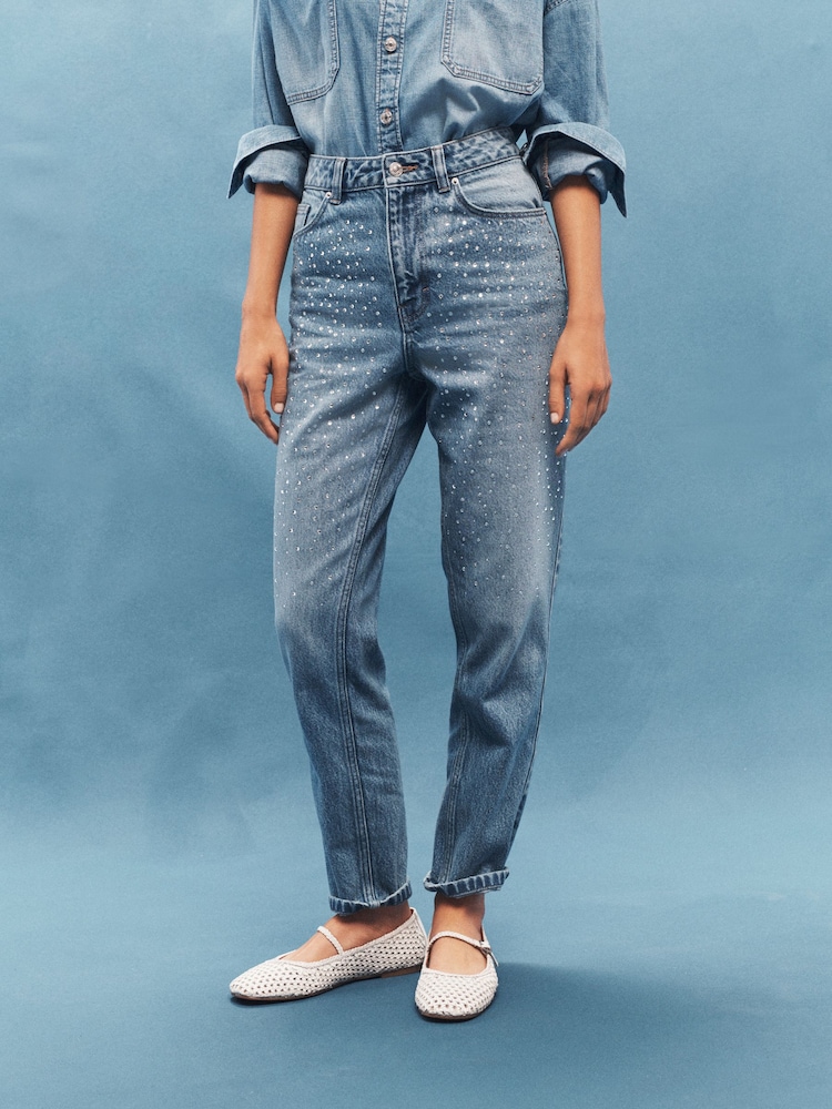 Mid Blue Mom Embellished 100% Cotton Jeans - Image 2 of 6