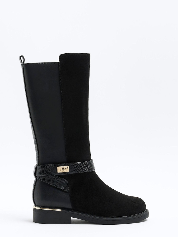 River Island Black Girls Lock Riding Knee High Boots - Image 1 of 1 River Island Black Girls Lock Riding Knee High Boots - Image 1 of 1