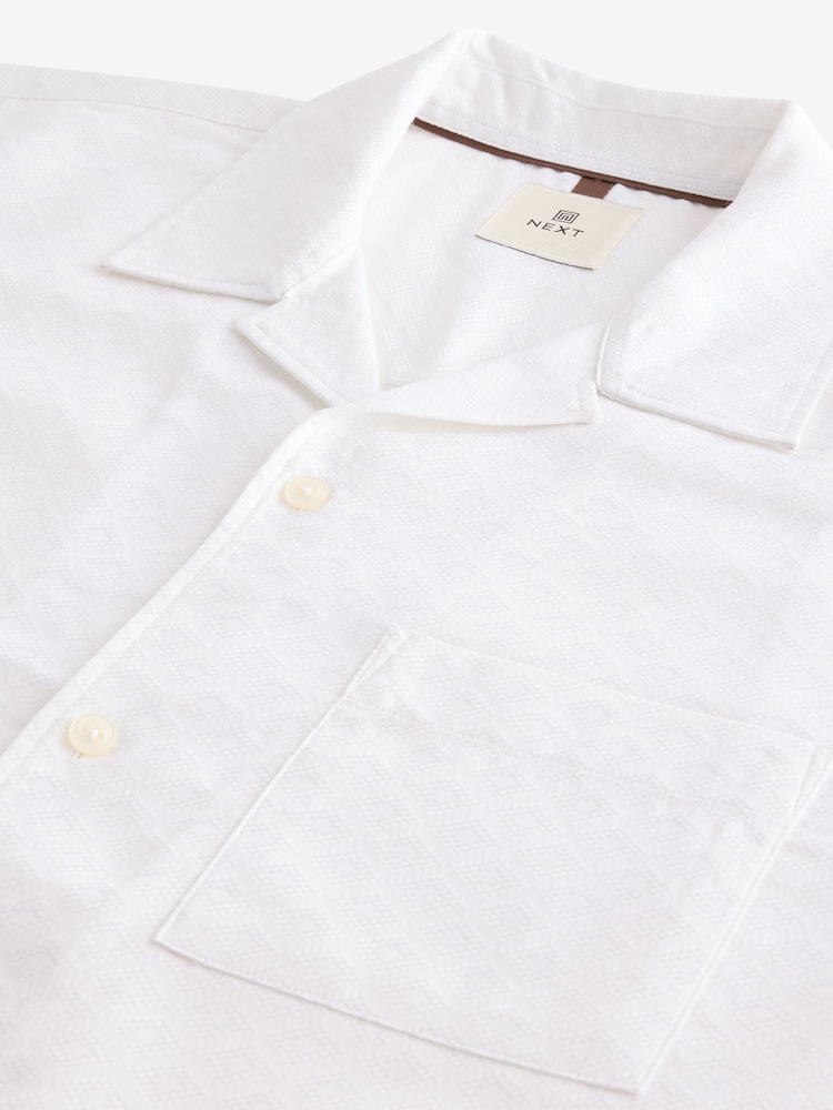 White Diamond Jacquard Short Sleeve Shirt With Cuban Collar - Image 4 of 4