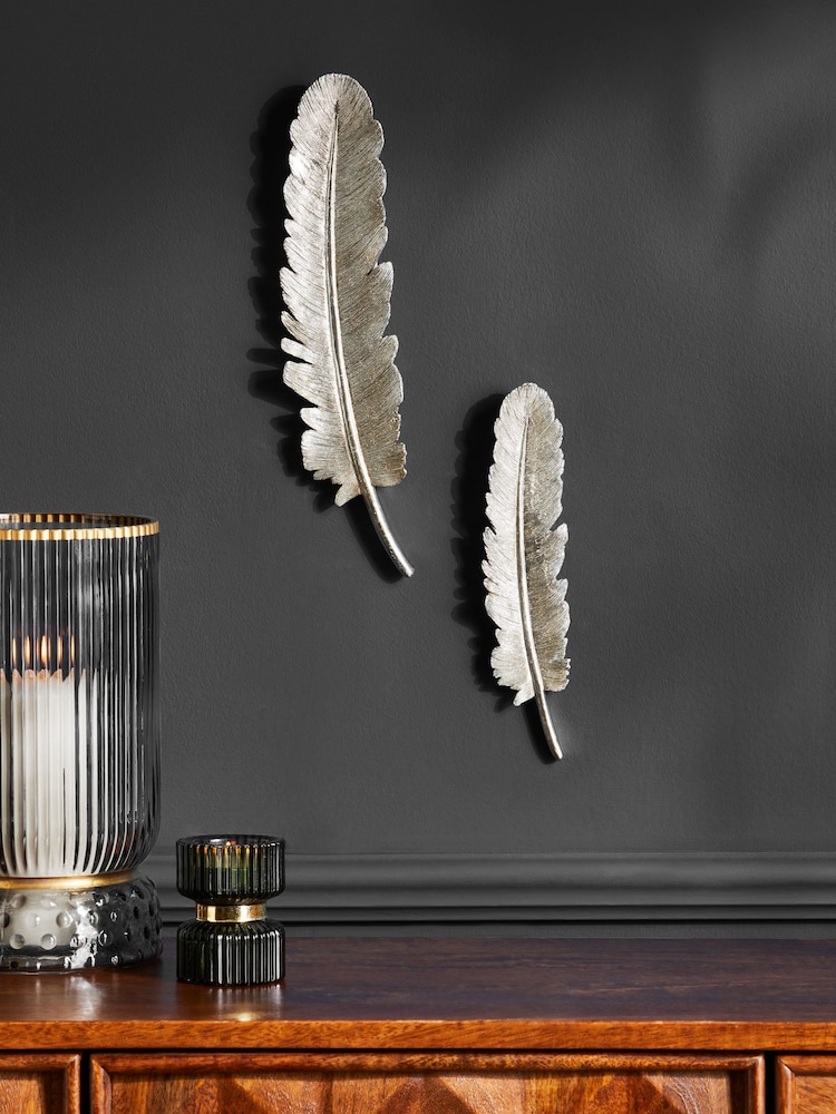 Set of 2 Silver Feather Wall Art - Image 1 of 5