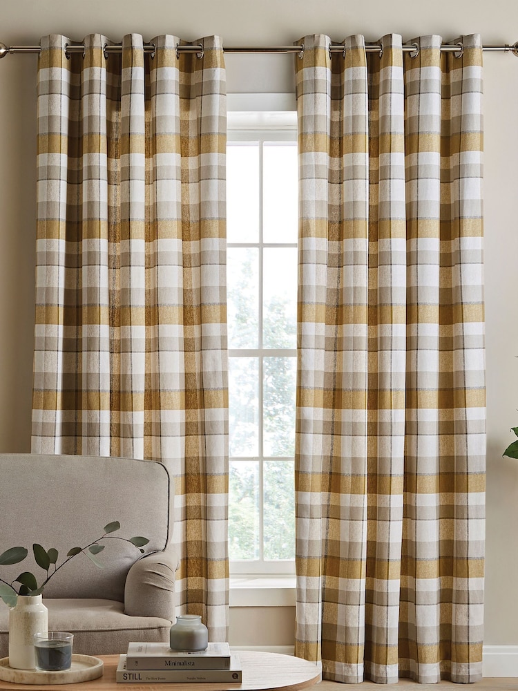 Catherine Lansfield Yellow Brushed 100% Cotton Thermal Check Eyelet Curtains - Image 2 of 4