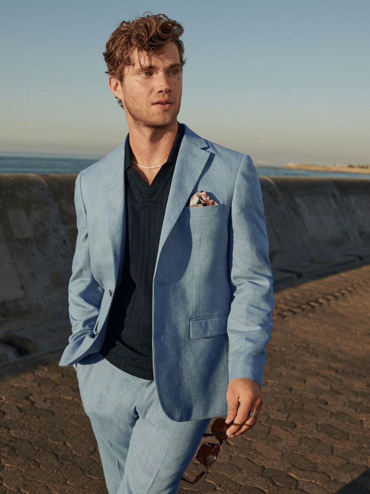 Jasnoniebieski - Linen Blend Tailored Fit Suit Jacket - Image 1 of 11