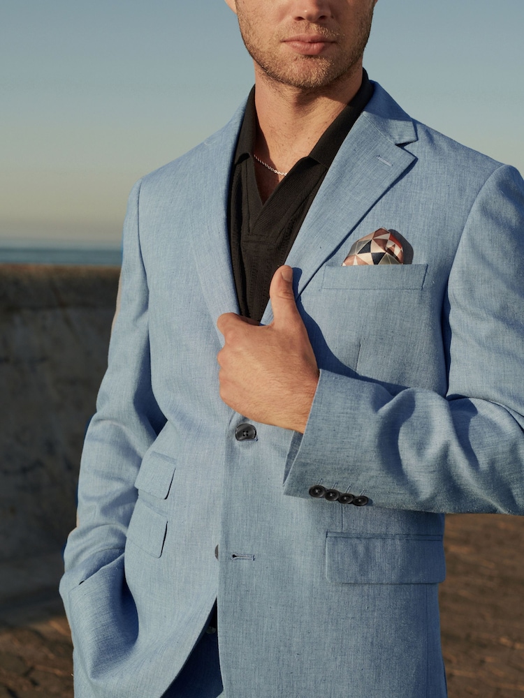 Light Blue Linen Blend Tailored Fit Suit Jacket - Image 5 of 11